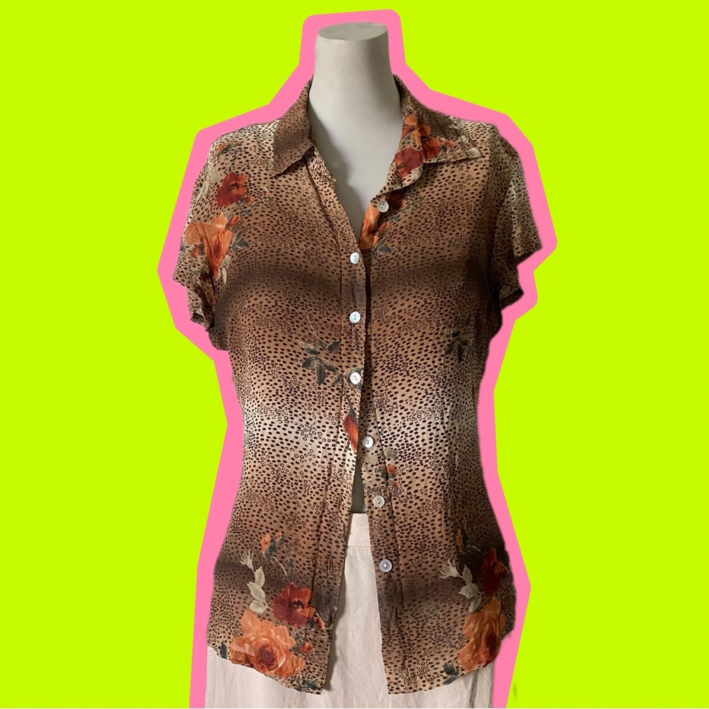 90s Leopard and Rose Button Up Top